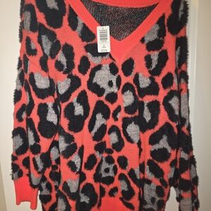 Torrid V-Neck Sweater in Red and Black Leopard Print